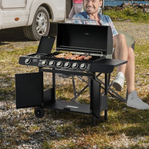 Gratar pe Gaz cu Capac, 7 Arzatoare de 20 kW in total si Arzator Lateral, Termometru, Raft si 2 Roti, 135x50x100cm Negru - Img 2