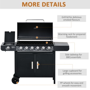 Gratar pe Gaz cu Capac, 7 Arzatoare de 20 kW in total si Arzator Lateral, Termometru, Raft si 2 Roti, 135x50x100cm Negru - Img 7