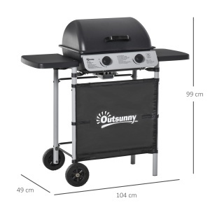 Gratar pe gaz cu Capac si 2 Arzatoare cu o putere totala de 5,6 kW, Gratar din Otel cu Roti si Rafturi, 104x49x99cm Negru - Img 3