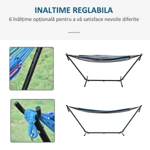 Hamac cu Suport 310x117cm pentru Camping cu Înălțime Reglabilă și Geantă de Transport, Capacitate 120 kg, Dungi Albastre și Albe - Img 4