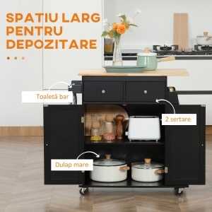 Insulă de Bucătărie cu Dulăpior, 2 Sertare și Suport pentru Condimente cu 3 Rafturi, 89x45x89,5 cm, Negru - Img 4
