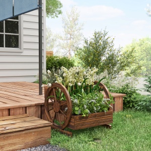 Jardinieră de Exterior cu 3 Niveluri și Roți Decorative, din Lemn de Brad cu Orificii de Drenaj, pentru Legume și Flori, pentru Balcon sau Terasă, 62x61x57 cm, Carbonizat - Img 7
