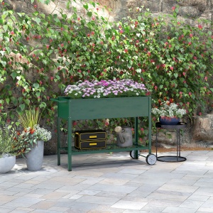 Jardinieră Exterioară cu Raft Inferior pentru Unelte, Jardinieră Metalică cu 2 Roți și Mâner, 109x44x80 cm, Verde - Img 2