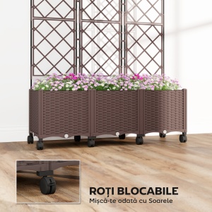 Jardinieră Înălțată cu Grilaj 130L, Pat pentru Grădină Înălțat de Exterior cu Roți Blocabile, Sistem de Autoirigare, Găuri de Drenaj pentru Plante Cățărătoare, Legume, Flori, Maro - Img 6