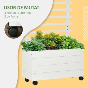 Jardiniera inaltata verticala cu 4 roti si suport pentru plantele cataratoare, din lemn de brad, 76x30x155cm, alb - Img 6