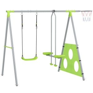 Joc pentru Copii 4 în 1 cu 2 Leagăne de Grădină, Coș și Poartă de Fotbal, 215x180x182 cm, Verde și Gri