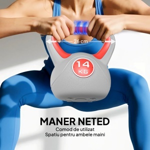 Kettlebell 14kg din PU cu nisip si baza plata, maner comod 26x18x32 cm, Rosu - Img 4