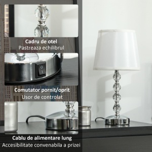 Lampă de Masă cu Buton și Port USB, Lampă Modernă din Metal, Sticlă și Poliester, Ø23x45 cm, Argintiu - Img 6