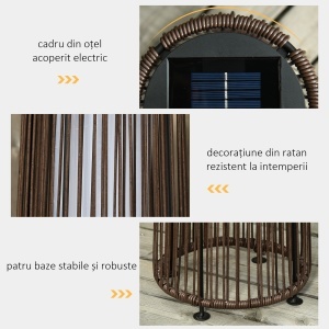 Lanternă Solară de Grădină cu Panou de Încărcare, Lampă solară de Exterior din Metal și Ratan, Ø21.5x61 cm, Maro - Img 6