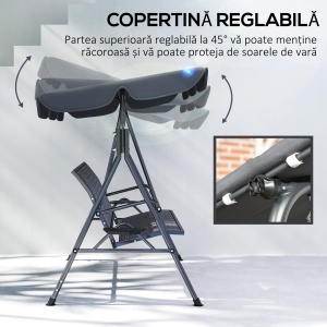 Leagăn de Grădină 3 Locuri din Ratan PE cu Acoperiș Reglabil și Suporturi pentru Pahare, Leagăn de Exterior cu Cadru din Oțel, Capacitate 320 kg, 204x112x150 cm, Gri - Img 5