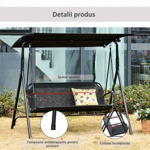 Leagan de Gradina cu 3 Locuri cu Acoperis Parasolar Reglabil Negru 172x110x155cm - Img 5