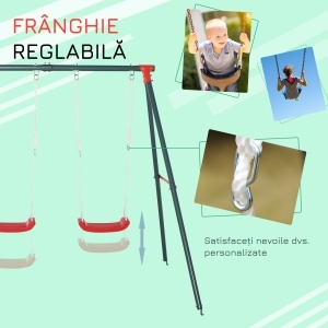Leagăn Dublu pentru Copii 3+ Ani cu Structură din Metal, Leagăn de Grădină cu Coardă Reglabilă, Joc de Exterior, Max 45 kg, 239x156x180 cm, Verde și Roșu - Img 5