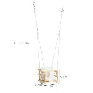 Leagan pentru copii 9-36 luni din lemn si bumbac, pentru spatii interioare si exterioare cu franghie reglabila si perna detasabila, 30x30x110-180 cm, culoarea lemnului si alb - Img 3