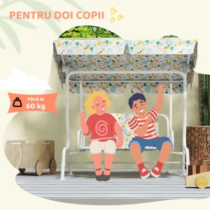 Leagăn pentru Copii de Exterior cu 2 Locuri, Acoperiș Reglabil și Centuri de Siguranță, 112x75x120 cm, Alb - Img 7