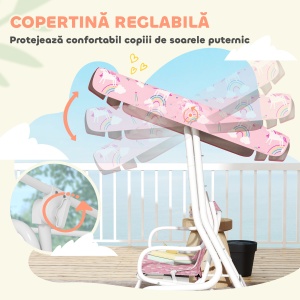 Leagăn pentru Copii de Exterior cu 2 Locuri, Acoperiș Reglabil și Centuri de Siguranță, Leagăn Grădină și Interior din Oțel și Material Oxford, Max 60 kg, 112x75x120 cm, Roz - Img 4