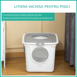 Litieră Închisă pentru Pisici cu 2 Intrări, cu Tavă și Lopățică, Litieră Acoperită din Plastic, 44x55x39 cm, Alb - Img 5
