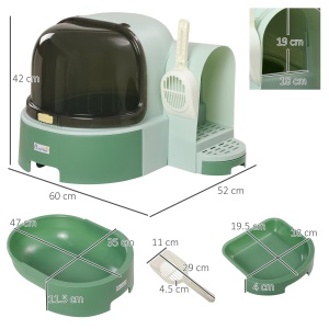 Litieră pentru Pisici cu Capac, Litieră Închisă cu Tavă Detașabilă și Lopățică Inclusă, 52x60x42 cm, Verde - Img 3
