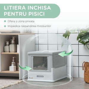 Litiera pentru Pisici Inchisa din PP cu Paleta Inclusa, Cutie Igienica pentru Pisici cu Tava Detasabila si 2 Usi, 47.5x35.5x36.7 cm, Alb si Gri - Img 6