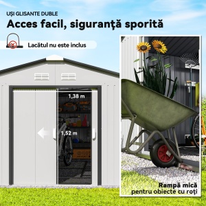 Magazie de Grădină 12,4 m² 340x386x200 cm cu Uși Glisante, Acoperiș Înclinat și 4 Guri de Aerisire, Albă - Img 5