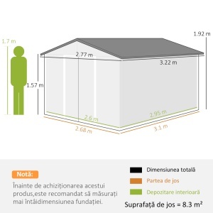 Magazie de Grădină 8.3m² din Oțel Zincat, Uși Duble Glisante, 277x322x192 cm, Maro - Img 3
