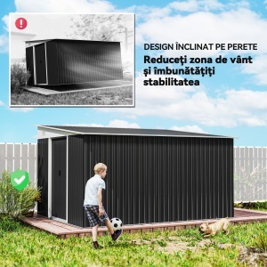 Magazie de Gradina cu Usa Glisanta si Orificii de Aerisire, din Otel Galvanizat, 345x280.5x169-201 cm, Negru - Img 7