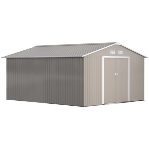 Magazie de Gradina cu Usi Duble Glisante si Acoperis Inclinat, Sopron de Gradina din Otel si PP, 3.4x4x2m, Gri - Img 1