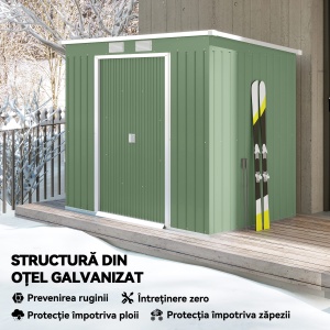 Magazie de gradina din otel cu acoperis inclinat, usa glisanta dubla si orificii de aerisire, 213x130x173 cm, verde - Img 4
