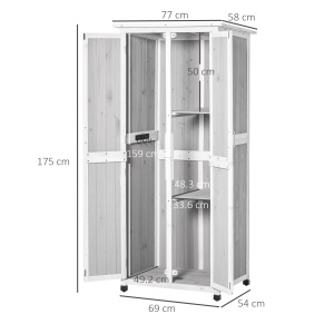 Magazie din Lemn de Brad pentru Unelte cu 3 Niveluri, cu Acoperis din Bitum si Carlige, 77x58x175 cm, Gri - Img 3