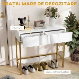 Masă Consolă cu 2 Sertare, Masă Modernă de Intrare cu Bază din Oțel în Ton Auriu, 80x31.5x75 cm, Alb - Img 4