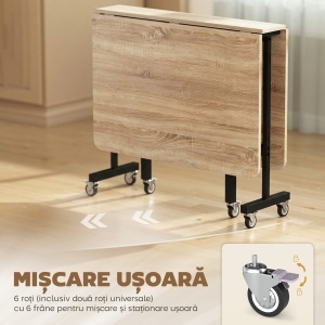 Masă de Dining Pliabilă, Masă de Bucătărie Rabatabilă cu Roți și Frâne pentru 4-6 Persoane, Birou Compact cu Structură din Oțel, pentru Living, 120x80x73 cm, Stejar - Img 6