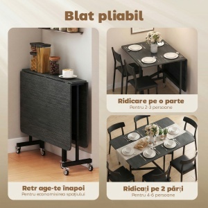 Masă de Dining Pliabilă, Masă de Bucătărie Rabatabilă cu Roți și Frâne pentru 4-6 Persoane, Masă Compactă cu Structură din Oțel, 120x80x73 cm, Negru cu Efect de Lemn - Img 5