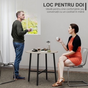 Masă de Prânz Rotundă în Stil Industrial pentru 2 Persoane cu Bază Încrucișată, Masă de Bucătărie din Lemn și Oțel, Ø80x75 cm, Negru și Culoare Lemn - Img 4
