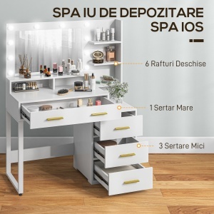 Masa Machiaj Alba – Cu Oglinda, 4 Sertare & 6 Rafturi Deschise - Img 4