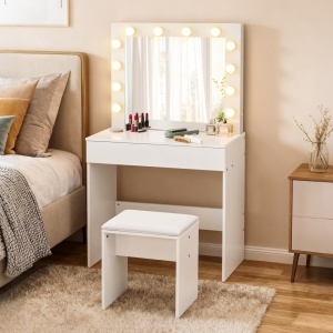 Masa Machiaj cu Oglindă LED 12 Lumini, Set cu Scaun Tapitat și Sertar Spațios, Mobilier pentru Dormitor, 80x40x140 cm, Alb - Img 7
