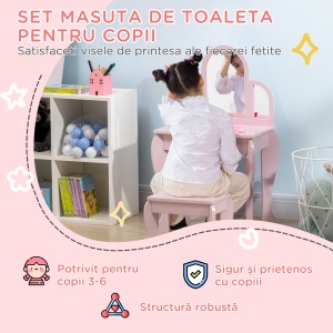 Masa Machiaj pentru Copii – Oglinda, Taburet & Sertar (3-6 Ani) - Img 4