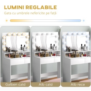 Masă Toaletă cu Oglindă și Lumină Reglabilă, 2 Sertare și 3 Compartimente Alb - Img 4