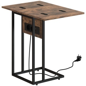Măsuță de cafea în formă de C, extensibilă, cu 2 stații de încărcare, lemn și metal, 39x29x57 cm, negru și maro