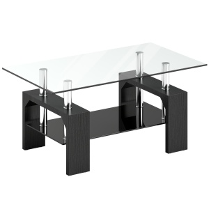 Măsuță de Cafea Modernă cu 2 Nivele din Lemn și Oțel cu Blat din Sticlă Securizată, 90x50x42 cm, Negru