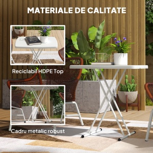 Măsuță de Cafea Pliabilă, Reglabilă pe Înălțime și Portabilă, cu Blat HDPE și Cadru Metalic, 76x50x74 cm, Alb - Img 6