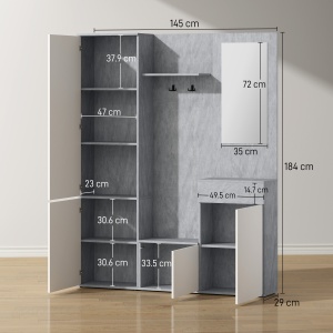 Mobilier 4 în 1 cu Oglindă, Cuiere și Rafturi Interioare Reglabile, Mobilier Multifuncțional, 145x29x184 cm, Gri - Img 3