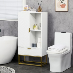 Mobilier de baie cu dulap si sertar, mobilier de baie modern cu etajera reglabila, 60x30x120cm, alb - Img 2