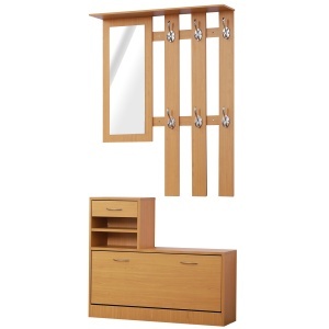 Mobilier Garderoba Dulap Pantofi Reglabil cu Oglinda si Cuier 6 carlige pentru Hol si Dormitor 90x22x116cm Lemn - Img 1