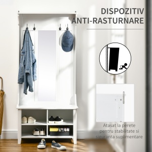 mobilier hol, cuier si oglinda, 80x40x170cm, alb - Img 5