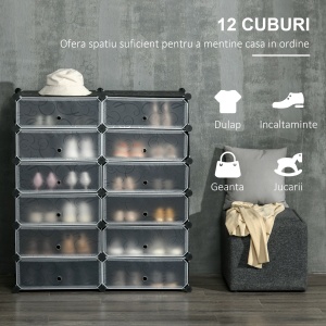 Mobilier pentru incaltaminte modular, 12 cuburi 45x35x16cm din plastic PP si otel, negru si alb - Img 4