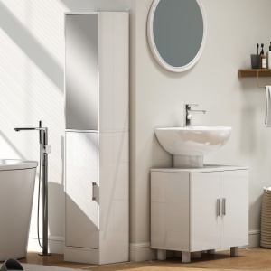 Mobilier Sub Chiuvetă pentru Baie cu 2 Uși, Raft Central, Mâner și Picioare Antiderapante, 60x35x60 cm, Alb Lucios - Img 8