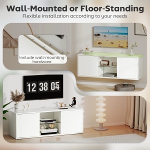 Mobilier suport TV de până la 55", suspendat sau de podea, uși amortizate, alb. - Img 4