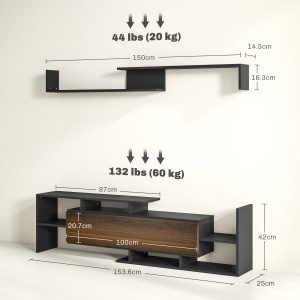 Mobilier TV cu Raft de Perete, Rafturi Deschise și Dulăpior din Lemn, 153,6x25x42 cm, Negru - Img 3
