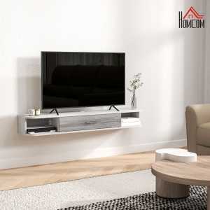 Mobilier TV Suspendat cu 2 Rafturi Deschise și un Dulăpior cu Ușă Rabatabilă, 120x26x16 cm, Gri - Img 2