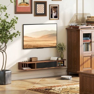 Mobilier TV Suspendat, Suport TV Până la 50" cu Sertar Rabatabil, 2 Rafturi Deschise și Orificiu pentru Cabluri, Mobilier pentru Televizor pentru Sufragerie, Dormitor și Sală de Stat, 120x24x16 cm, Nuc - Img 2