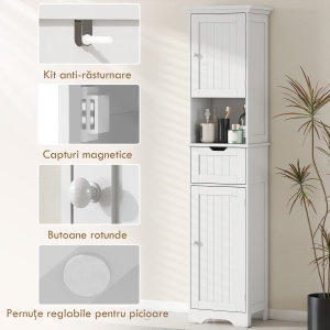 Mobilier Vertical de Baie din Lemn cu 2 Dulapuri cu Senzor, Raft Deschis și Sertar, 40x30x170 cm, Alb - Img 7